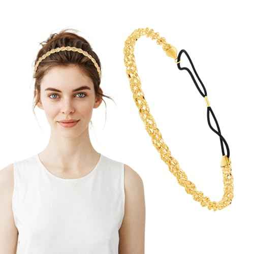 Elastic Gold Headband, Sparkly Metal Headbands for Women Fashion Wedding Headpiece Jewelry Hair Accessories for Festival Prom Party