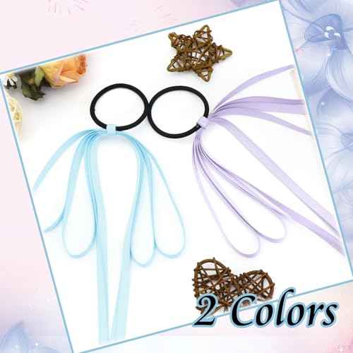2PCS Silky Satin Bow Tassel Ribbon Bowknot Hair Ties and Ponytail Holders for Women, Girls, Teens (Purple+Blue)