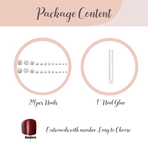 BABALAL Square Press on Toenails Short Fake Toenails and Fake Toenails with Nail Glue Sliver Glitter Glue on Nails 24pcs Acrylic Toenails with Diamond Designs False Toenails for Women and Girls
