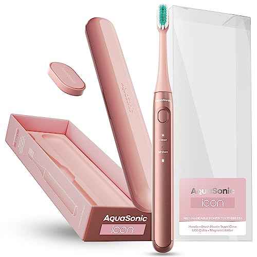 Aquasonic Icon ADA-Accepted Rechargeable Toothbrush | Magnetic Holder & Slim Travel Case | 2 Brushing Modes & Smart Timers | Gentle Micro-Vibrations (Blush)