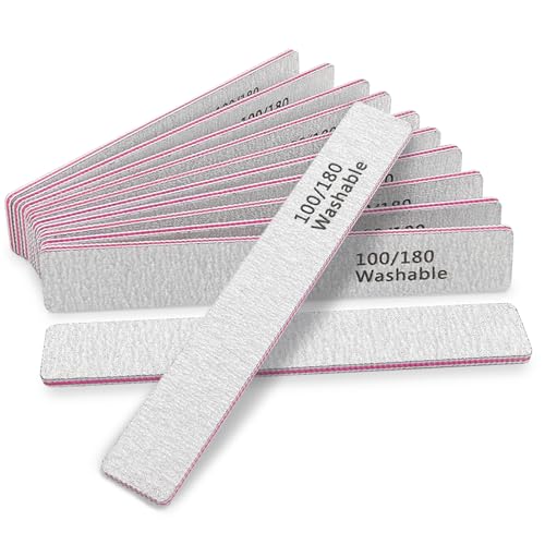 Nail File 12 PCS Professional Reusable 100/180 Grit Double Sides Washable Nail File Manicure Tools for Poly Nail Extension Gel and Acrylic Nails Tools Suit for Home Salon