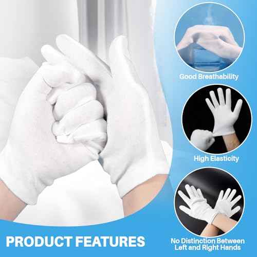 5 Pairs White Cotton Gloves - Breathable Cotton Gloves for Dry Hands Sleeping, Inspection, Coin Handling, Reusable Soft Cloth Glove for Eczema, Spa, Moisturizing Hands, High Elasticity, Women and Men