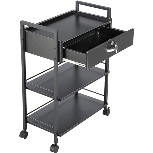 VEVOR Beauty Salon Trolley Cart, 3-Tier Hair Salon Stations Cabinet for Stylist with Lockable Drawer, MDF Rolling Storage Station with 4 Wheels (2 Lockable) for Beauty SPA Barbershop Tattoo