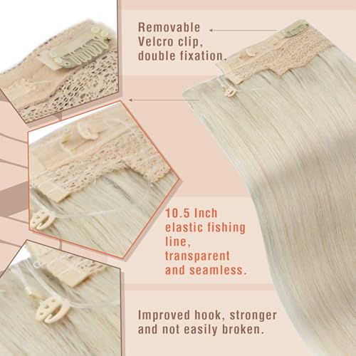 Sunny Hair Wire Hair Extensions Real Human Hair Fish Line Human Hair Extensions Invisible Wire Extensions Platinum Blonde #60 18 Inch