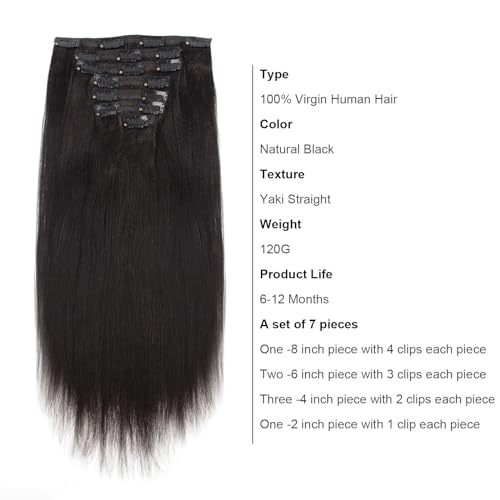 ABH AmazingBeauty Hair Yaki Straight Clip Hair Extensions Human Hair Real Remy Thick Yaki Clip in for African American Relaxed Hair 7 Pieces 120 Gram Per Set, 18 Inch