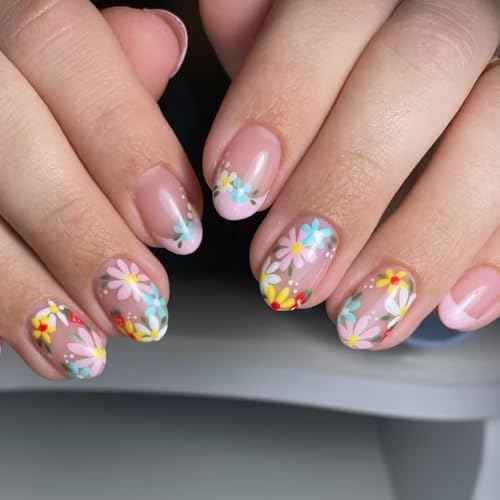 24Pcs Pink French Tip Press on Nails Oval Fake Nails with Colorful Flowers Design Short Glue on Nails Cute False Nails Spring Flower Acrylic Nails Almond Stick on Nails for Women Nail Decoration
