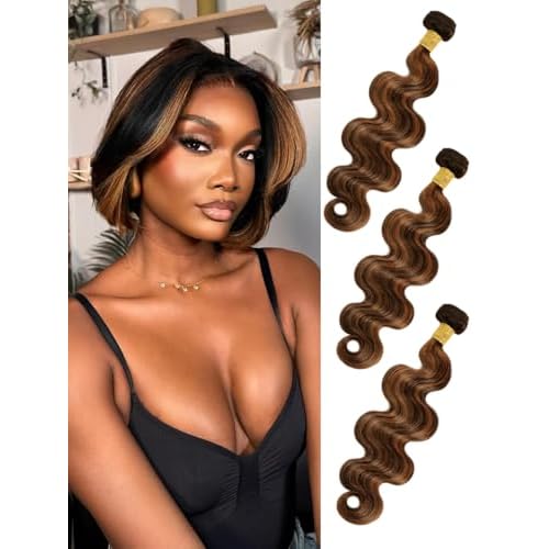 Honey Blonde Highlight Bundles Human Hair Body Wave, 12A Thick F1B/30 Highlight Black and Brown Colored Quick Weave 100% Brazilian 12A Unprocessed Remy Hair Double Weft 3 Bundles 10/12/14 Inch