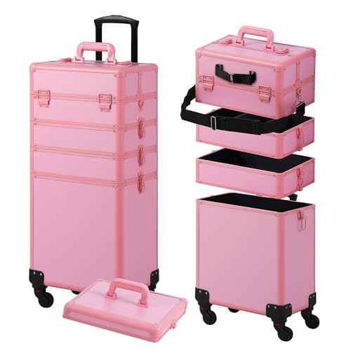 Makeup Train Case, Rolling Makeup Case with Lid, 5 in 1 Cosmetology Case on Wheels, Christmas Gift, Large Makeup Case Organizers, Profesional Cosmetic Case for Salon Barber, Pink