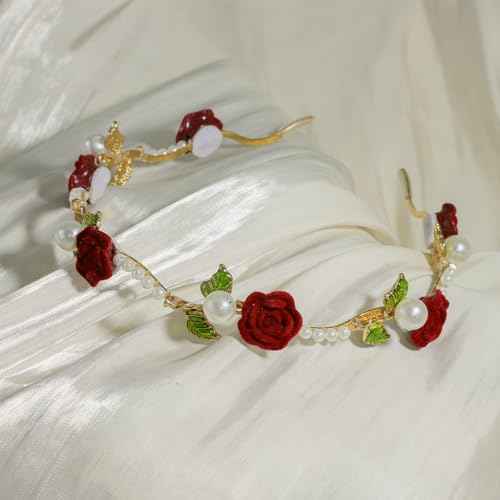 Red Rose Metal Hair Wreath Pearl Floral Flower Crown Headpiece Dainty Forest Style Headband Artificial Roses Hair Accessories for Girl and Flower Girls Bridal Wedding Party Photos