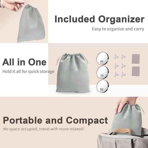 Magnifying Mirror, 10X & 20X & 30X Set, Magnified Mirrors 3.5" with Two Suction Cups, Travel Magnifying Mirror Set Comes with Portable Storage Bag, Compact Small Magnified Mirrors for Travel(Black)