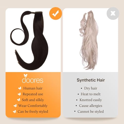 DOORES Hair Extensions Ponytail Extension Clip in Dark Brown 18 Inch 80g Hair Extensions Ponytail Hair Extensions Wrap Around Remy Human Hair Ponytail with Magic Paste Straight
