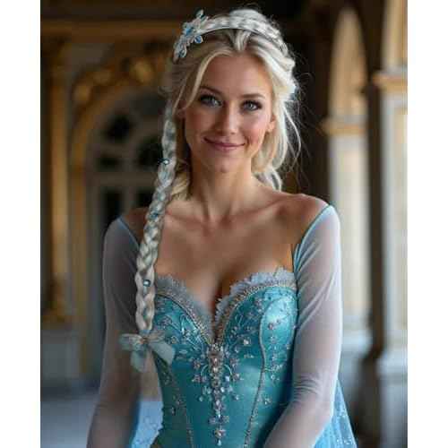 Princess Rapunzel Long Braided Wig Headbands Princess Dress up Wigs Hairpiece with Flowers for Halloween Christmas Party Costume Hair Accessories,Blue