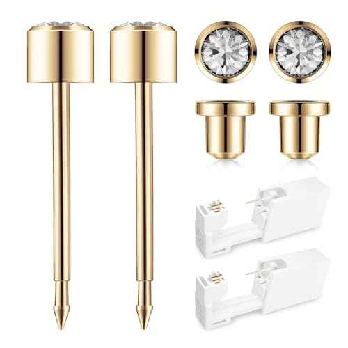 Ear Piercing Kit Gold - Safety Backs Disposable Ear Piercing Gun Kit Made in 316L Surgical Stainless Steel | At Home Self Piercing Kit with Preloaded CZ Stud Earrings | 2 Pack (4mm)