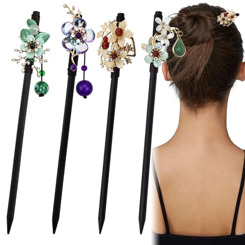4 PACK Japanese Chinese Wooden Hair Stick, Hairpin with 4 Different Flower Styles, Retro Wooden Hair Accessories for Women Girls