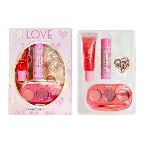 4-Piece Heart Charm Beauty Bundle - Squeeze Gloss and Lip Care and Make up Set for Girls, Unicorn Jewelry Gift Set for Teens