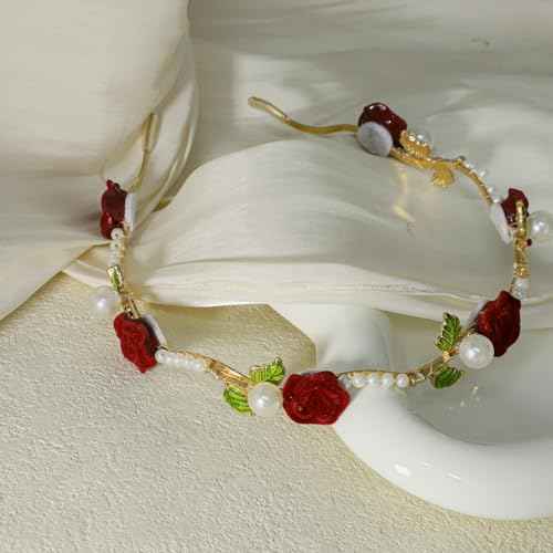 Red Rose Metal Hair Wreath Pearl Floral Flower Crown Headpiece Dainty Forest Style Headband Artificial Roses Hair Accessories for Girl and Flower Girls Bridal Wedding Party Photos