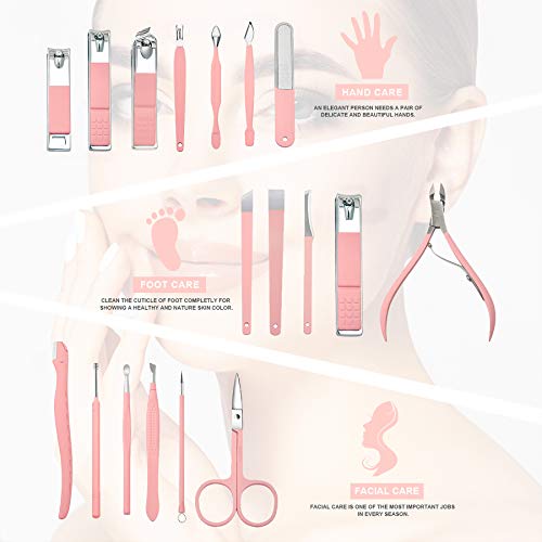 Manicure Set 18 in 1 Stainless Steel Professional Pedicure Kit Nail Scissors Grooming Kit Travel Case B01-Pink
