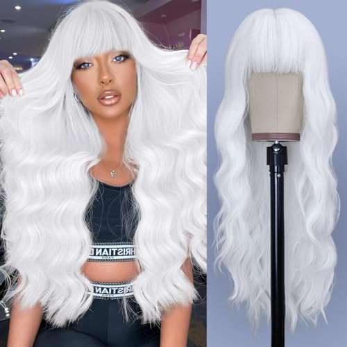 NAYOO White Wigs with Bangs - Long Curly Wavy Synthetic Fiber Wigs - Heat Resistant - 26 Inches