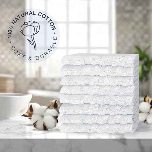 DecorRack 8 Pack 100% Cotton Wash Cloth, Luxurious Soft, 12 x 12 inch Ultra Absorbent Jacquard Towels, Machine Washable Washcloths, White (8 Pack)