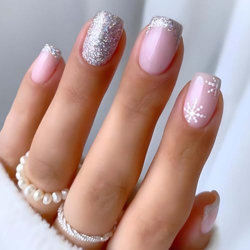 24 Pcs Christmas False Nails Square Snowflake Press on Nails Xmas Square Red Fake nails Acrylic Full Cover Stick on Nails for Women and Girls (M)