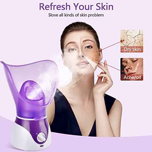 Facial Steamer - Nano Ionic Face Steamer for Deep Cleaning, Hot Mist Face Humidifier Set for Women & Men, Moisturizing Cleansing Pores with Blackhead Remover Kit, Purple