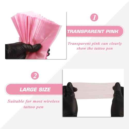 Tattoo Machine Pen Covers with Grip Tape Wrap - Narkysus 400Pcs Pink Machine Sleeves 2.5"x7.1" Large Tattoo Pen Bags and 4Pcs Pink Tattoo Gun Wrap Tattoo Supplies for Women and Studio Use