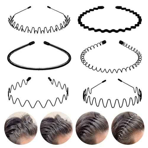 fenshine 6PCS Metal Hair Bands, Spring Wavy Hoop Unisex Black Headband Slicked Back Non Slip Sports Hairband for Women Men¡¦