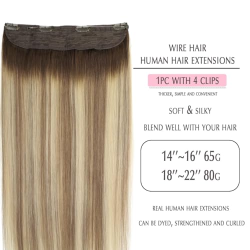 SURNEL Haol Extensions Human Hair Balayage Walnut Brown to Ash Brown and Golden Blonde Wire Hair Extensions 18 inch 80g(18,3/8/22)