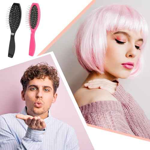 2 Pack Stainless Steel Wig Wire Brush, Portable Professional Wig Brushes Synthetic Hair Brush for Women and Men, Metal Wig Combs for Hair Extensions, Wigs Detangling, Barber, Beginner£¨Black, Rose Red£©