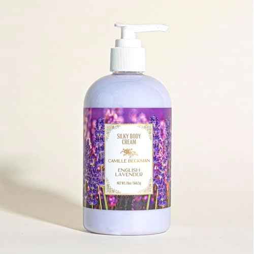 Camille Beckman English Lavender Scented Silky Body Cream, Daily Moisturizer for All Skin Types | Non-Greasy Vegan Formula to Nourish and Soften Hands and Body, 13 Ounce