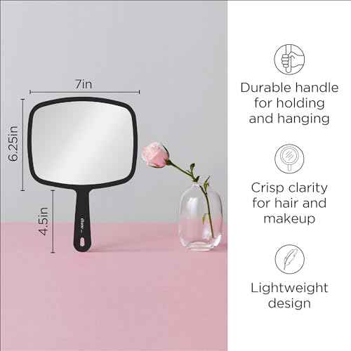 Diane Professional Quality Hand Mirror, Single Sided Hand Held Mirror with Handle for Salon, Barber, Vanity, Grooming, Shaving, and Travel, Medium, 7.5" x 10.75", Black