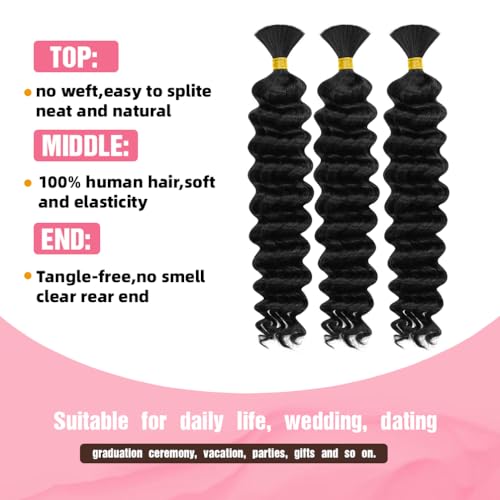 Human Braiding Hair, 3 Bundle 150g 20 Inch Boho Braids Human Hair 10A Deep Wave Bulk Brazilian Virgin No Weft Wavy Hair Extensions for Boho Bohemian Micro Braid Bulk for Braiding Natural Black