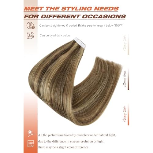 Sunny Hair Tape in Hair Extensions Real Human Hair Invisible Remy Hair Extensions Tape ins for Women Dark Brown Highlight Caramel Blonde 24 inch 20Pcs 50G