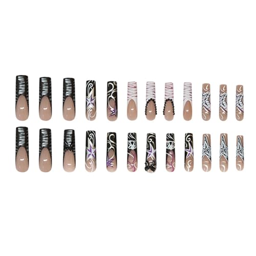 SINHOT Square Press on Nails Long Fake Nails Glossy Glue on Nails Zebra Stripes Acrylic Nails 3D Bowknot Squoval Artificial Nails Purple Star Stick on False Nails with Design 24 pcs