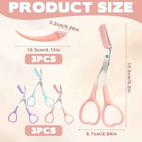 6 Pcs Eyebrow Scissors for Women Eyebrow Trimmer Scissors with Comb Non Slip Finger Grips Brow Scissor Professional Hair Removal Beauty Accessories for Men Women (Pink, Green, Purple)