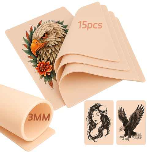 15Pcs 3MM Tattoo Practice Skins - Worldget Double Sided Fake Skin for Tattooing, 7.4"x5.6" Silicone Tattoo Skin Kit for Machine Practice, Beginners & Pros