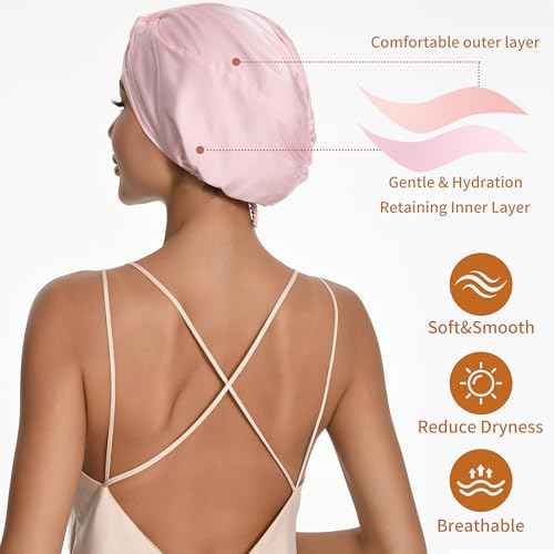 Adjustable Silk Satin Hair Bonnet for Sleeping with 5% Mulberry Silk ? Double Layer Hair Cap for Women & Men, Extra Smooth Night Cap for Curly, Braided, Natural Hair ? Silk Shower Cap (Pink)