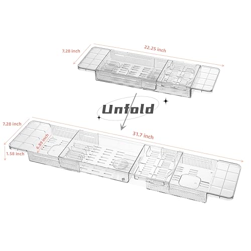 IEEK Expandable Bath Tray with Wine and Book Holder - Clear Acrylic Bathtub Caddy Shelf - Plastic Board Gift for Women