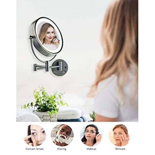 OVENTE Wall Mounted Lighted Makeup Vanity Mirror, 9" Hard Wired Double Sided 1X/7X Magnifying Bathroom Mirror, Dimmable LED Lights, 360¡Æ Rotation and 14" Extendable Arm, Rubbed Bronze MPWD3185BZ1X7X