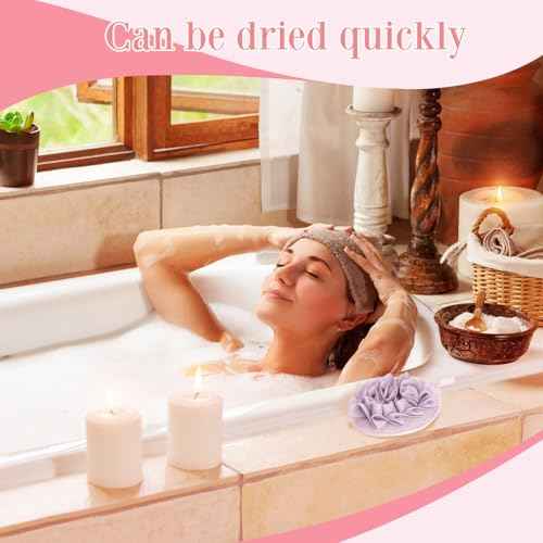Boao 3 Pcs Bath Shower Pouf Sponge Mesh Pouf Shower Ball Exfoliating Body Sponge Pad Scrubber Glove with Flower Bath Ball (Beige,Green,Purple)