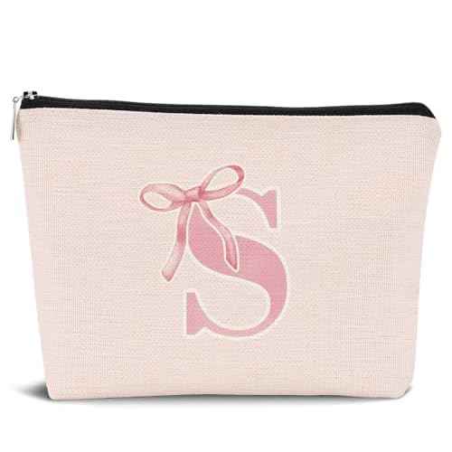 Initial Coquette Pink Bow Custom Makeup Bag,initial S Personalized Teen Girl Gifts,Trendy Preppy Cute Monogrammed Gifts Girly Makeup Pouch Zipper Pouch for Women Teen Girl