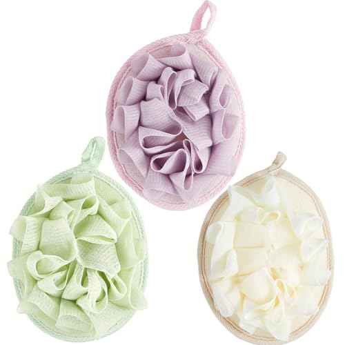 Boao 3 Pcs Bath Shower Pouf Sponge Mesh Pouf Shower Ball Exfoliating Body Sponge Pad Scrubber Glove with Flower Bath Ball (Beige,Green,Purple)