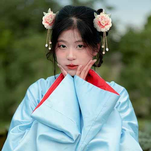 2 Pcs Flower Chinese Tassel Hair Stick Silk Artificial Blossom Hair Pins Japanese Hanfu Hair Chopsticks Retro Floral Crystal Pearl Wedding Headpiece Brides Hair Styling Accessories for Long Hair Women