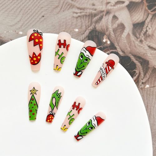 Greenwich Cute Christmas Coffin Nails Full Cover Colorful Red Hat Winter Xmas Artificial Matte Stick on Nails Design 24Pcs