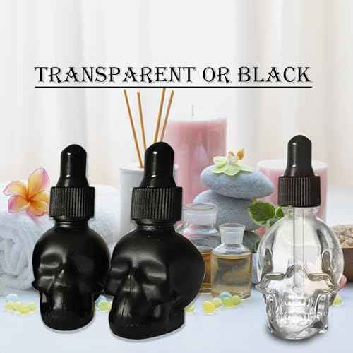 2 pcs Set 1OZ Transparent/Black Skull Glass Dropper Bottle Leakproof Essential Oils Bottle for Storage and Travel (Transparent, 1 OZ)