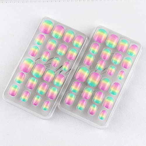 24 Pcs Rainbow Kids Press on Nails Pre-glue Children False Nails Short Oval Full Cover Artificial Fake Nails Gradient Glitter Acrylic Nail Tips for Little Girls Gift (Rainbow Pink)