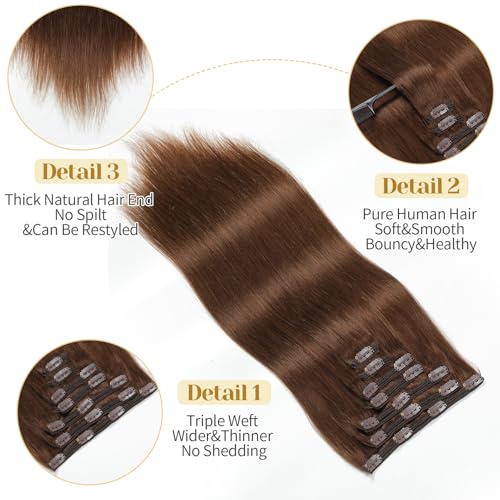 Clip in Hair Extensions Real Human Hair, Chocolate Brown ? 18 Inch 7pcs 150g/Pack, Soft Remy Human Hair Clip in Extensions Straight for Women, Suitable for all Hair Types (#4 18 Inch)