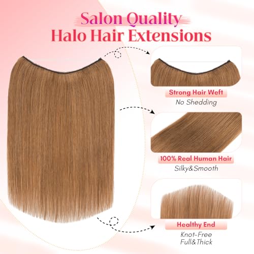 Rich Choices 100% Real Human Halo Hair Extensions for Women Remy Halo Extension Invisible Wire Hairpiece Clip in One Piece Hairpiece Upgrade Adds Weight 100g 20 Inch #6 Light Brown