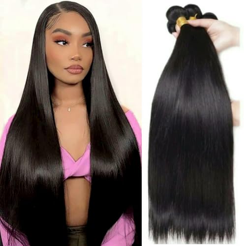Straight Human Hair Bundles 100% Unprocessed Brazilian 4 Bundles 18 20 22 24 Inch Double Weft Weave Natural Black