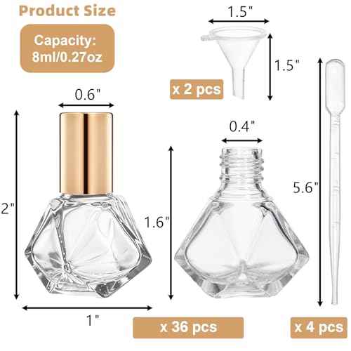 36 Pack Essential Oil Roller Bottles, 8ml/0.27oz Empty Roll On Bottle, Glass Polygonal Roller Ball Applicator, Perfume Vials with Stainless Steel Roller Ball for Travel, 4 Dropper, 2 Funnel